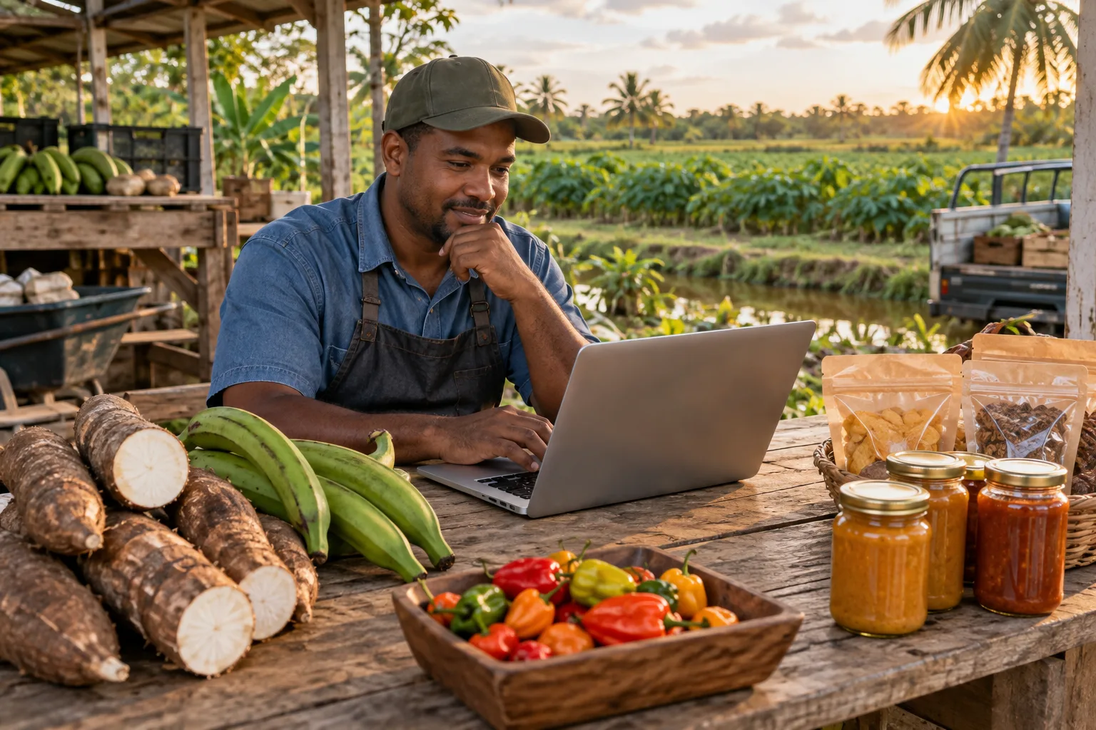 Guyanese agro-processor using a laptop beside local produce