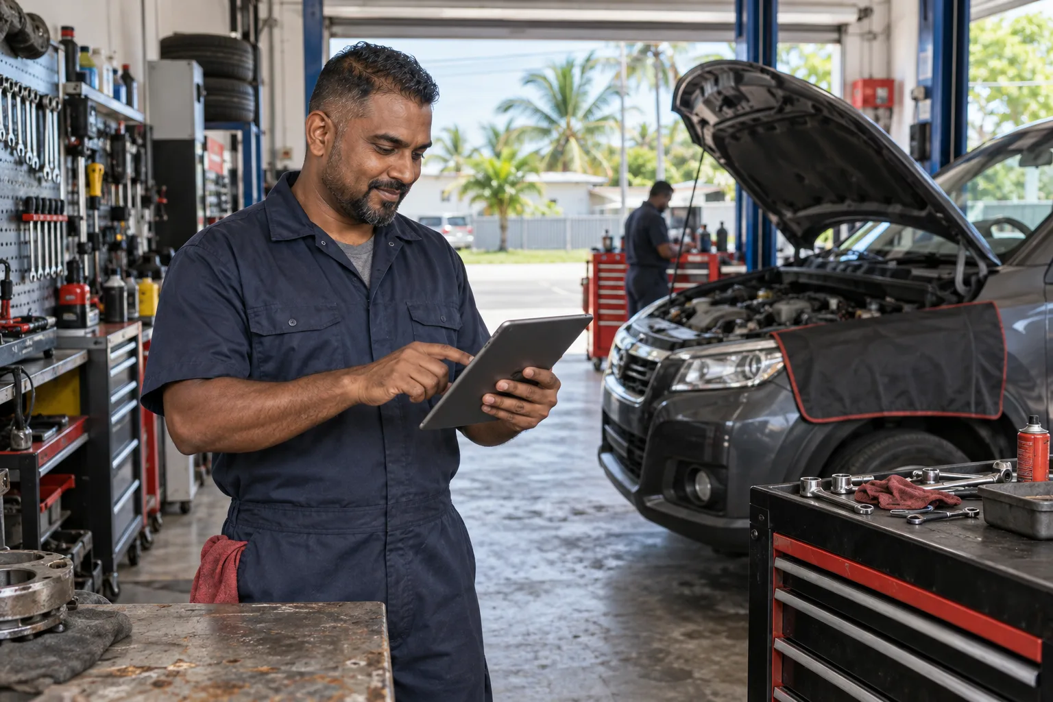 Guyanese auto workshop owner using a tablet beside a vehicle