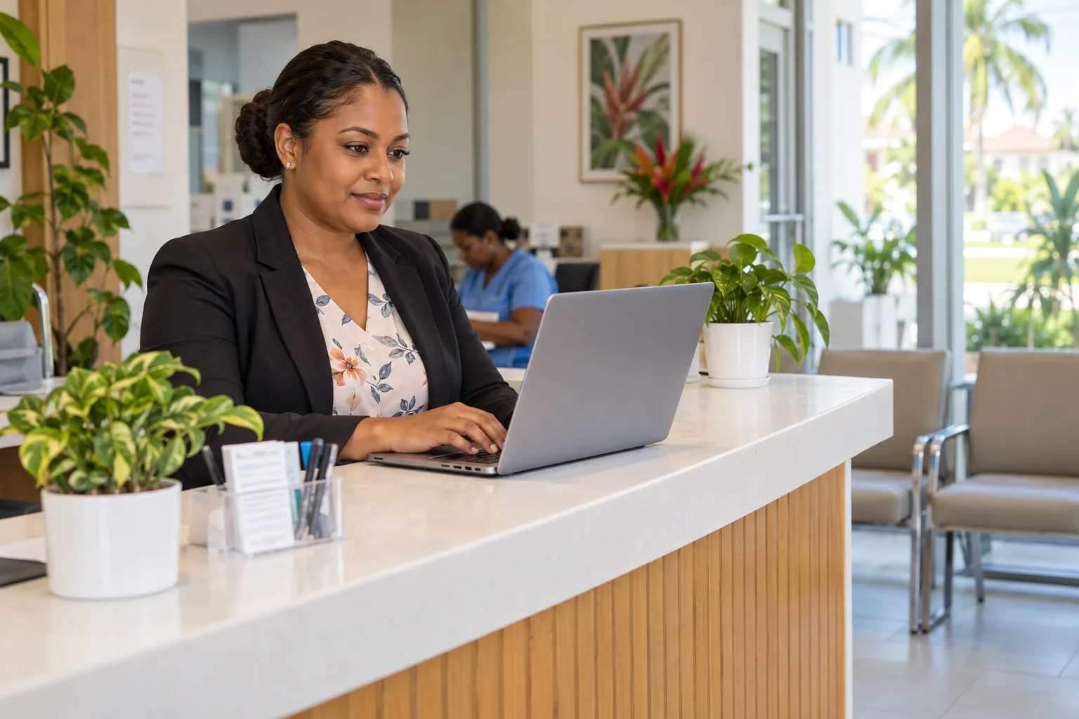 Guyanese clinic manager using a laptop at a welcoming reception desk
