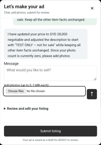 Ads Guyana (Ads GY) Easy Chat Listing: chat message and photo attachment controls