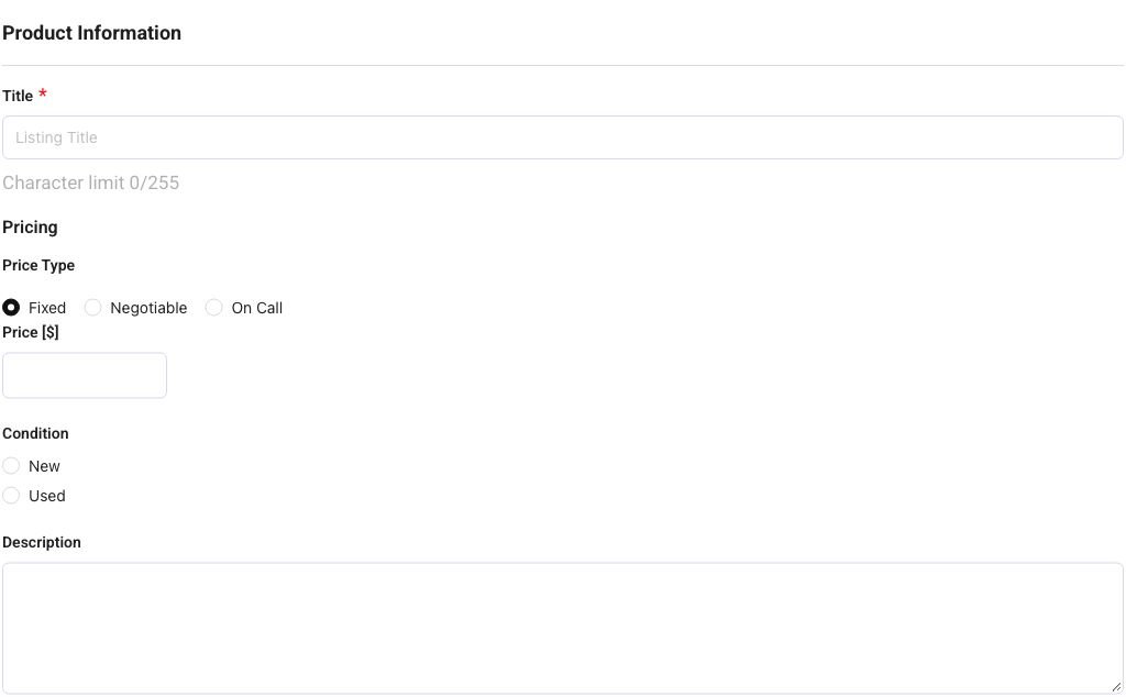 Current ADSGY listing product details form with title, pricing, condition and description fields