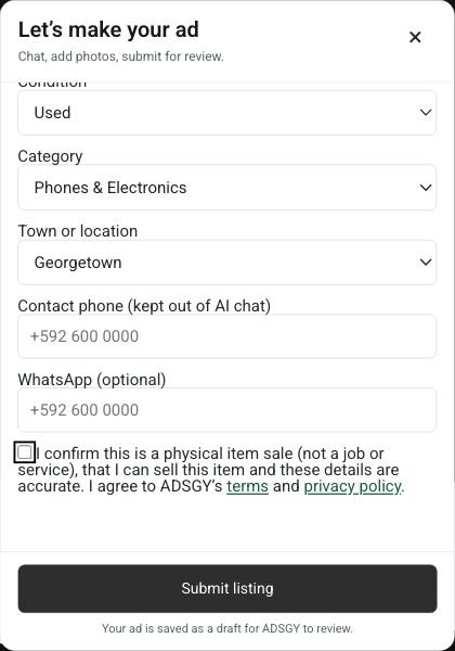 Ads Guyana (Ads GY) Easy Chat Listing: contact fields and Submit listing button