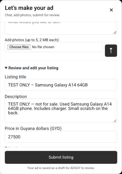 Ads Guyana (Ads GY) Easy Chat Listing: test listing review with GYD price