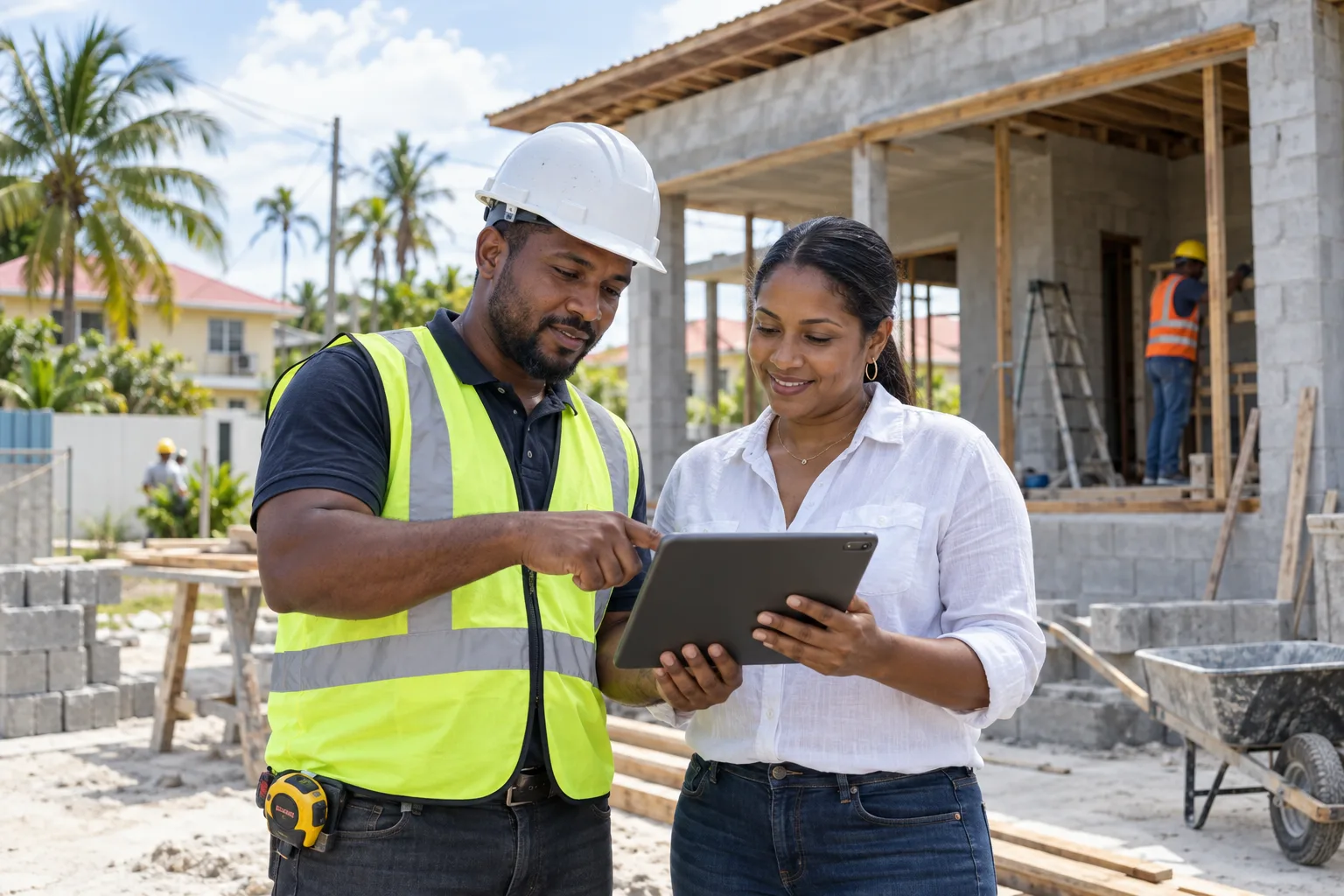 Guyanese contractor and client reviewing a website at a building site