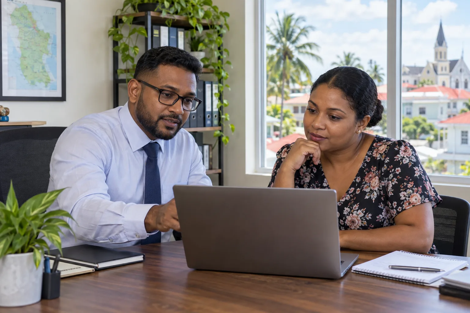 Guyanese business consultant helping a client in a Georgetown office