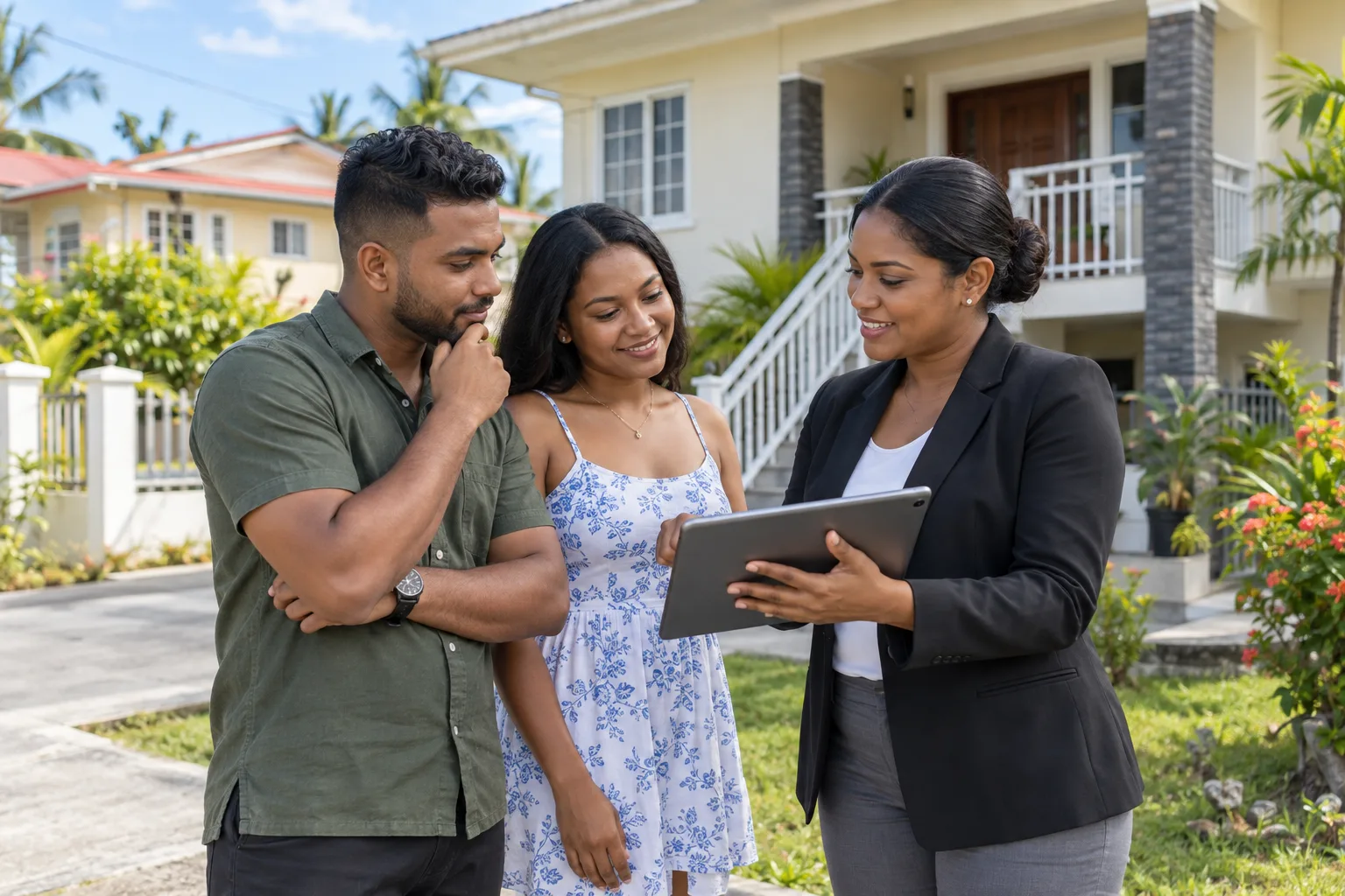 Guyanese real estate agent showing a property website to local buyers