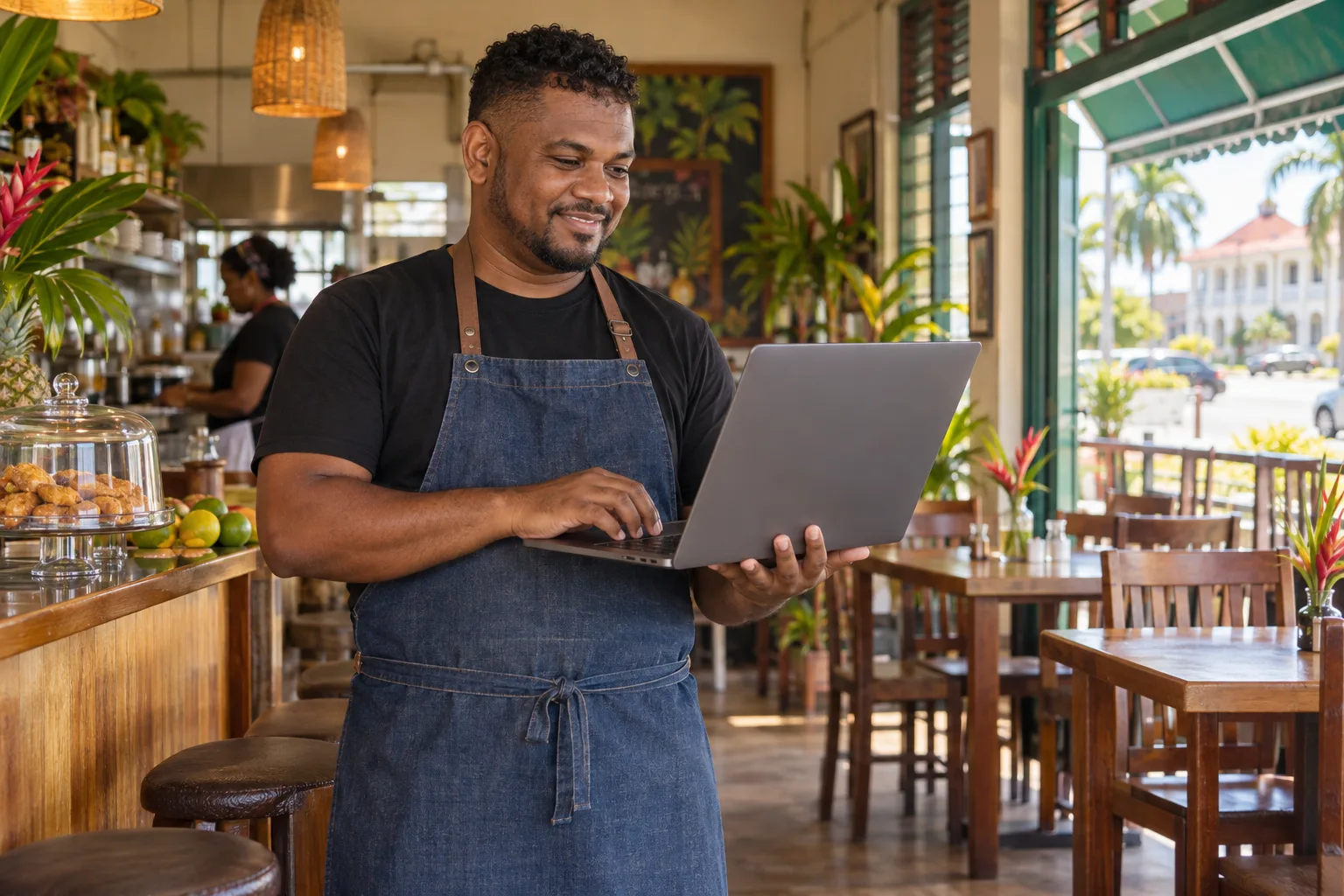 Guyanese restaurant owner using a laptop inside a Georgetown cafe