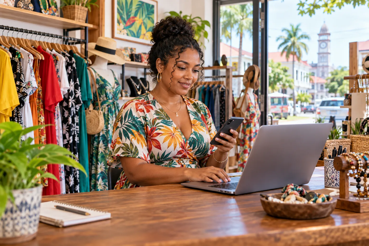Guyanese boutique owner managing an online shop on a laptop and phone