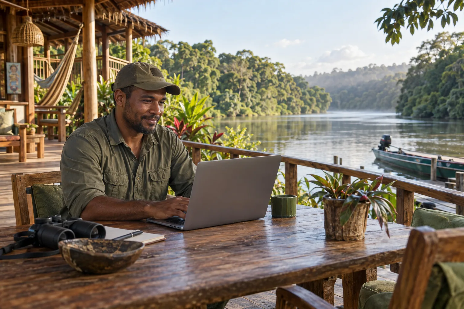 Guyanese tour operator working online at a rainforest river lodge