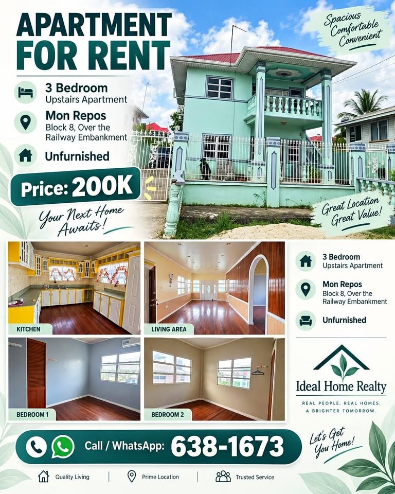 Unfurnished three-bedroom upstairs apartment for rent – Mon Repos – Ideal Home Realty